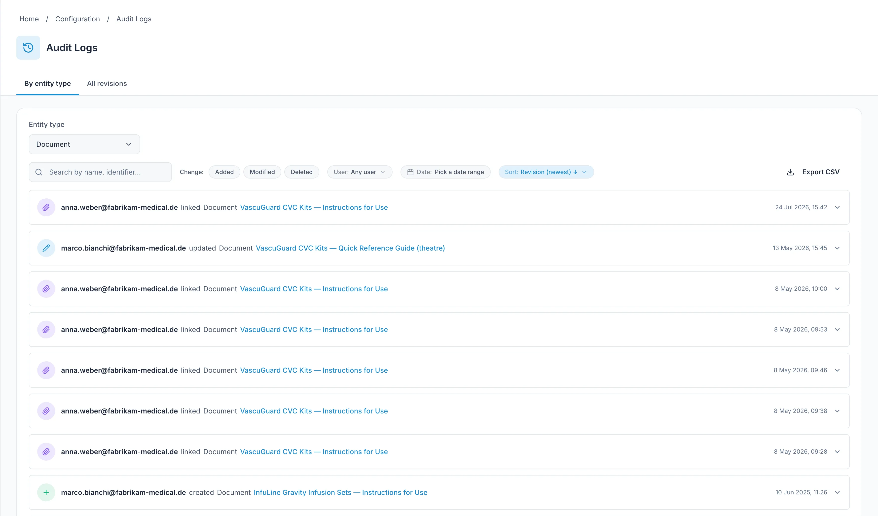 The audit log filtered to document changes: each row names the person, what they did, which document, and when — with filters for change type, user and date range, and a CSV export.