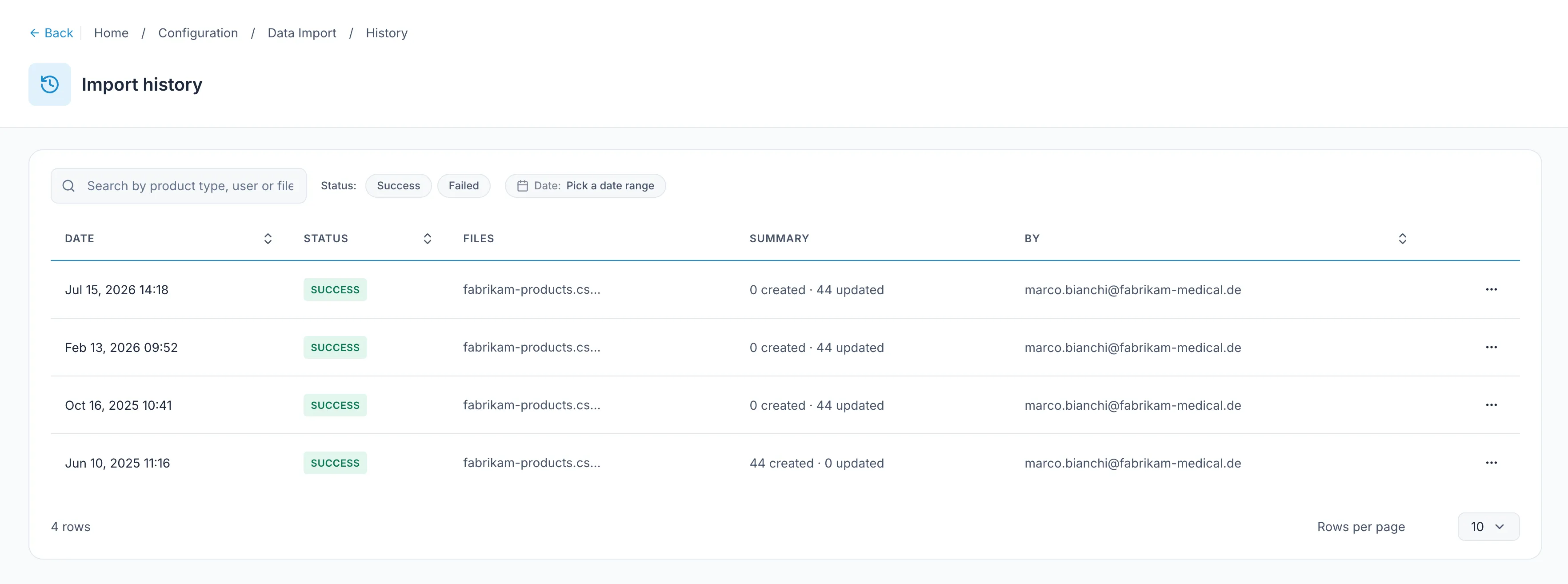 The import history: four runs listed with their date, status, file, a created-and-updated summary, and who ran them.