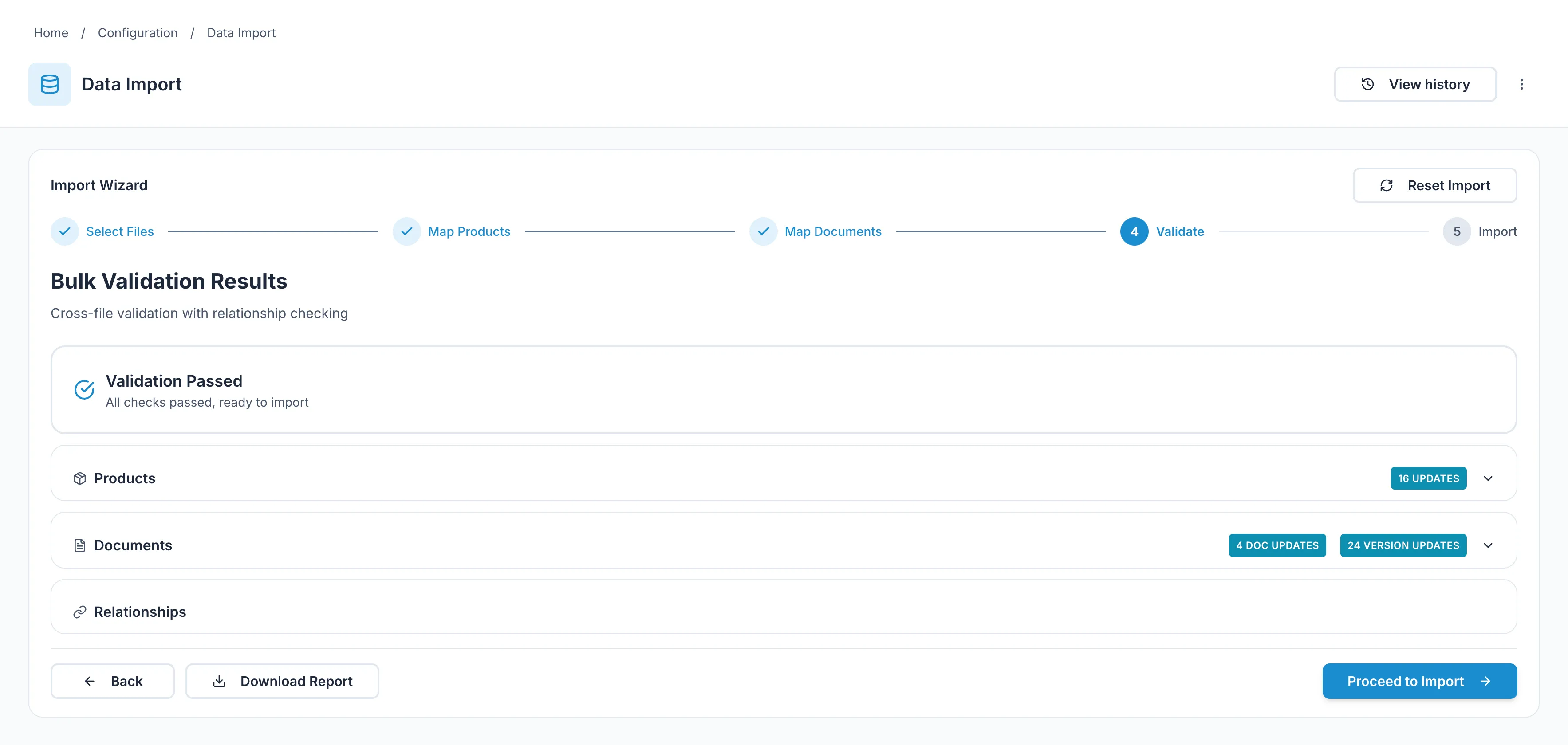 The import wizard's validation step: all checks passed, with counts of the products, documents and versions the file would update, and nothing committed yet.
