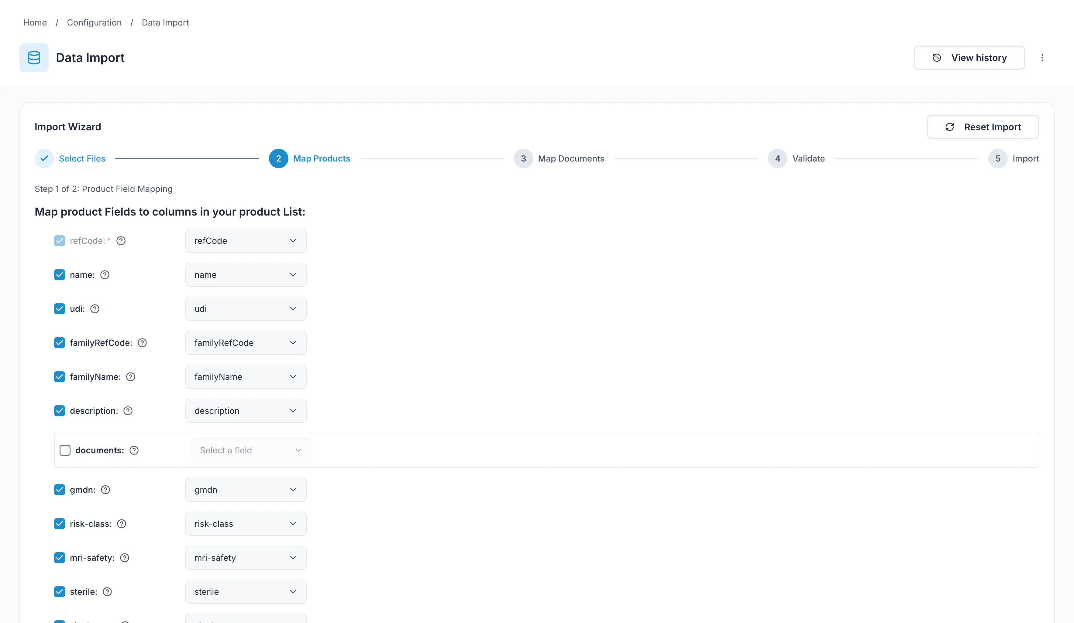 The YDNTFY bulk import wizard, part-way through a five-step import, mapping spreadsheet columns onto product fields.