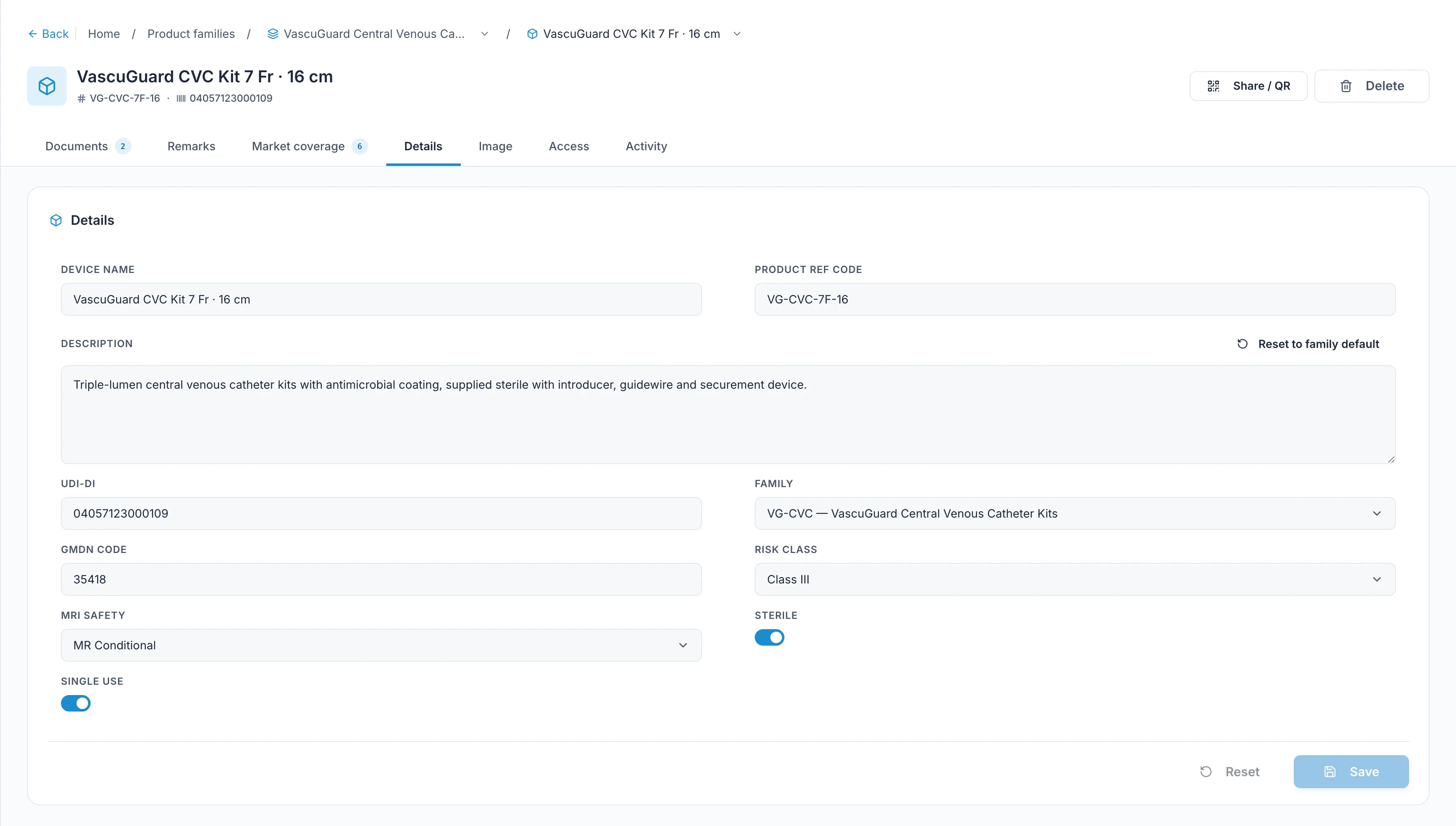 A product's Details tab: device name, REF code, description, UDI-DI, the family it belongs to, GMDN code, risk class, MRI safety, and the sterile and single-use flags.