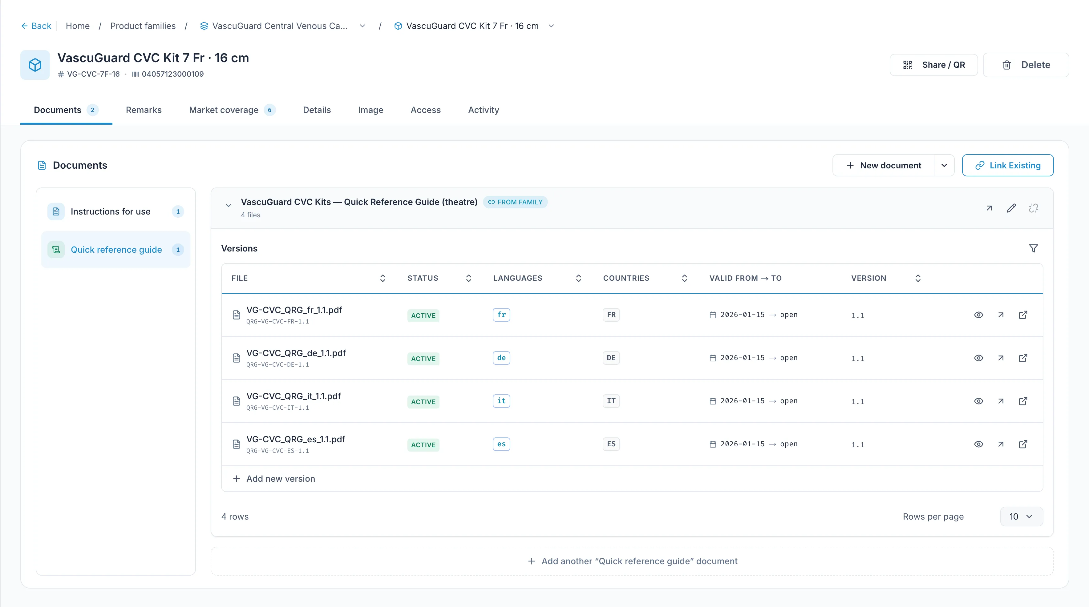 A product's Documents tab: a quick reference guide inherited from its family, with four active versions — French, German, Italian and Spanish — each live in its own country from the same date, with no end date.