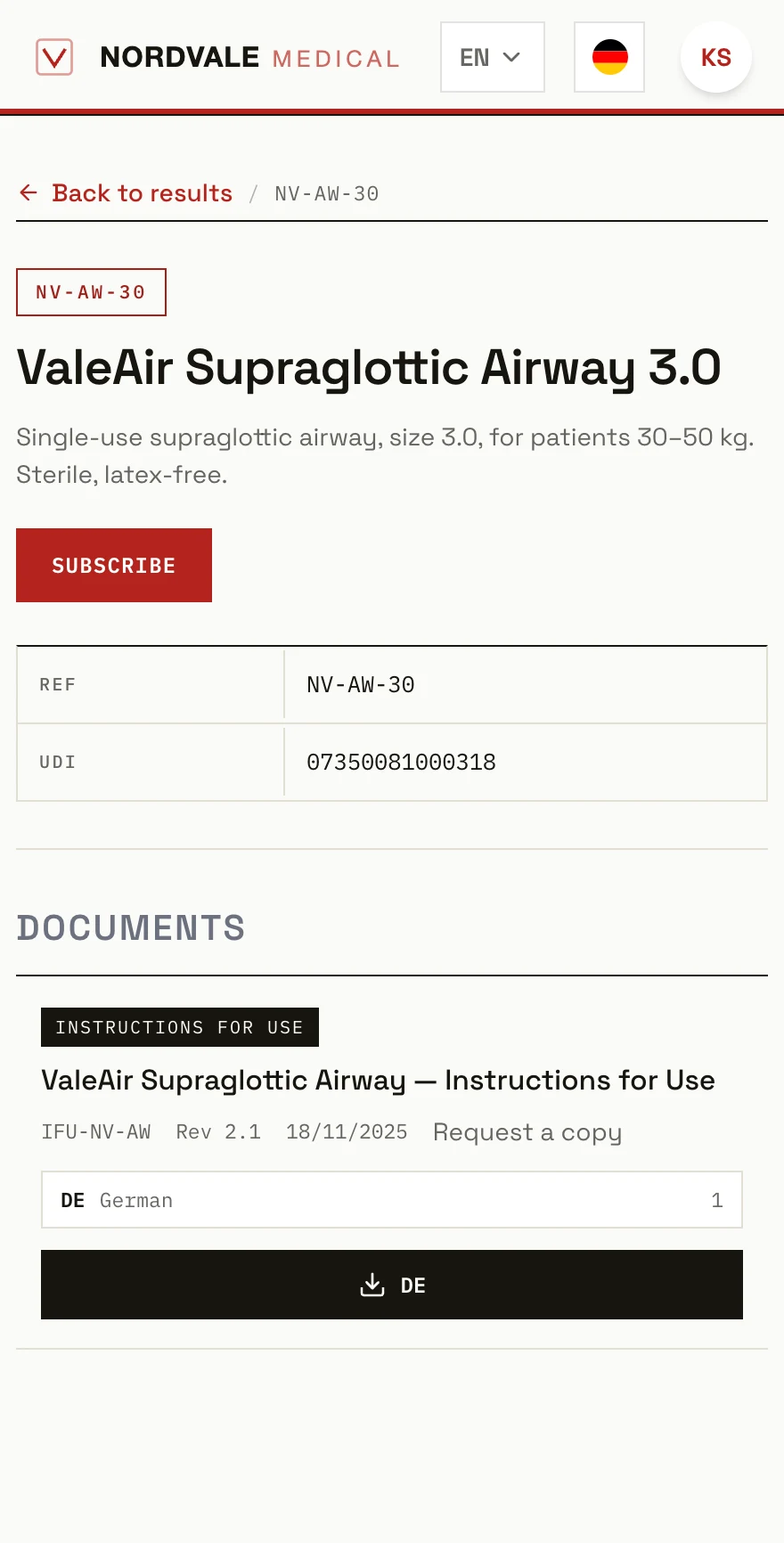 A product page on that second manufacturer's portal: REF and UDI-DI, the current instructions for use at revision 2.1, and a German download.
