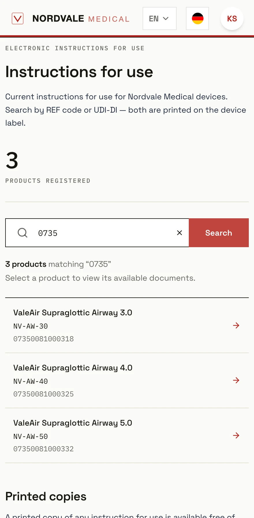 The same portal under a second manufacturer's branding — its own logo, typeface and colour — listing three devices that match a partial UDI search.