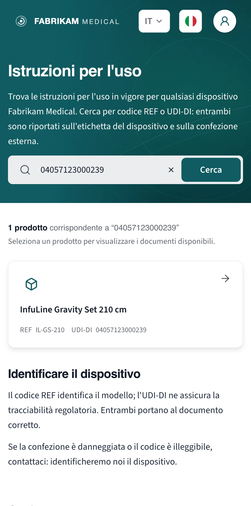 The public portal on a phone: a device found by its UDI-DI, with the manufacturer's own wording above the search field.