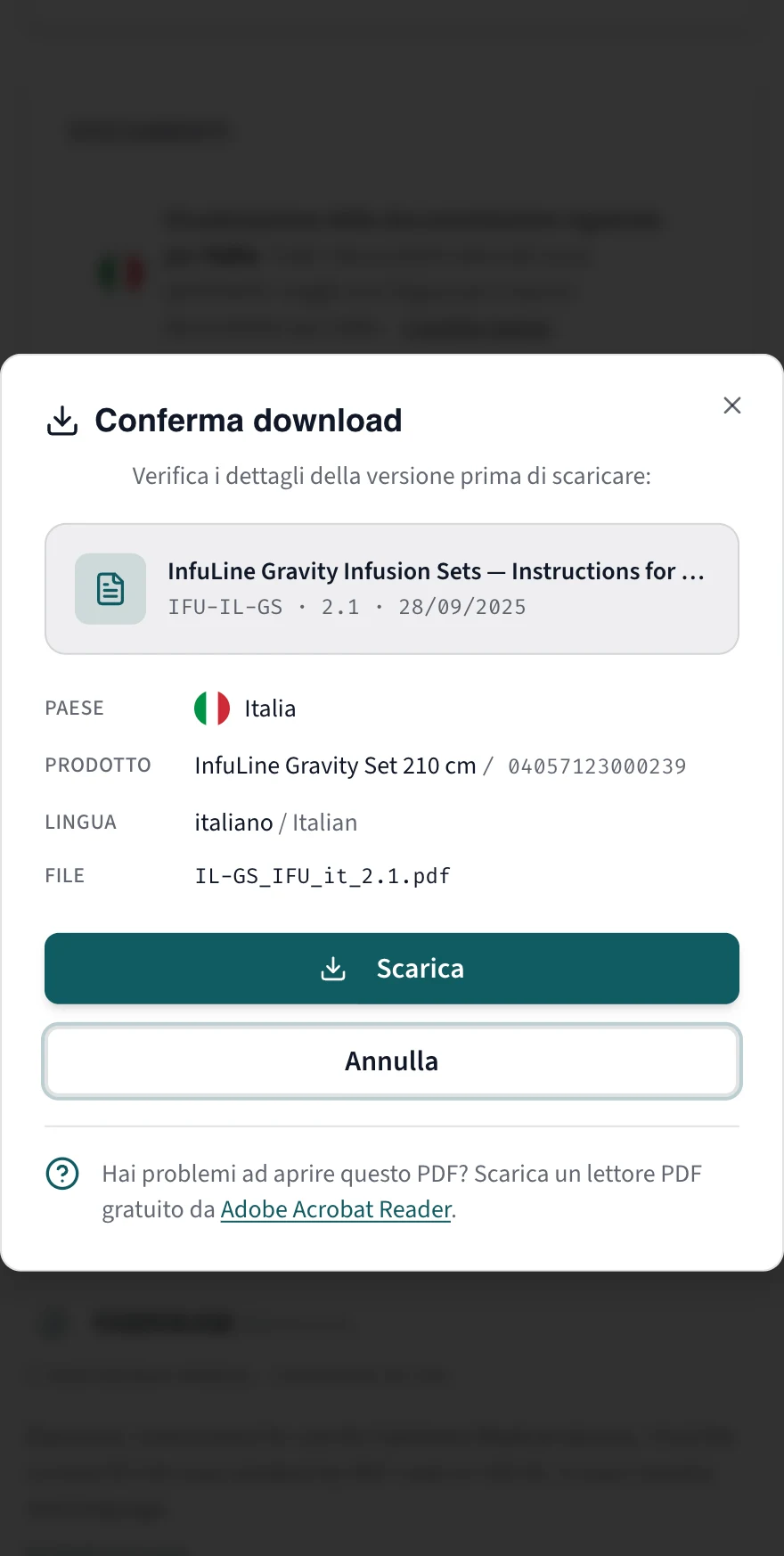 A download confirmation on a phone, restating the country, product, language and file name before the file is fetched.