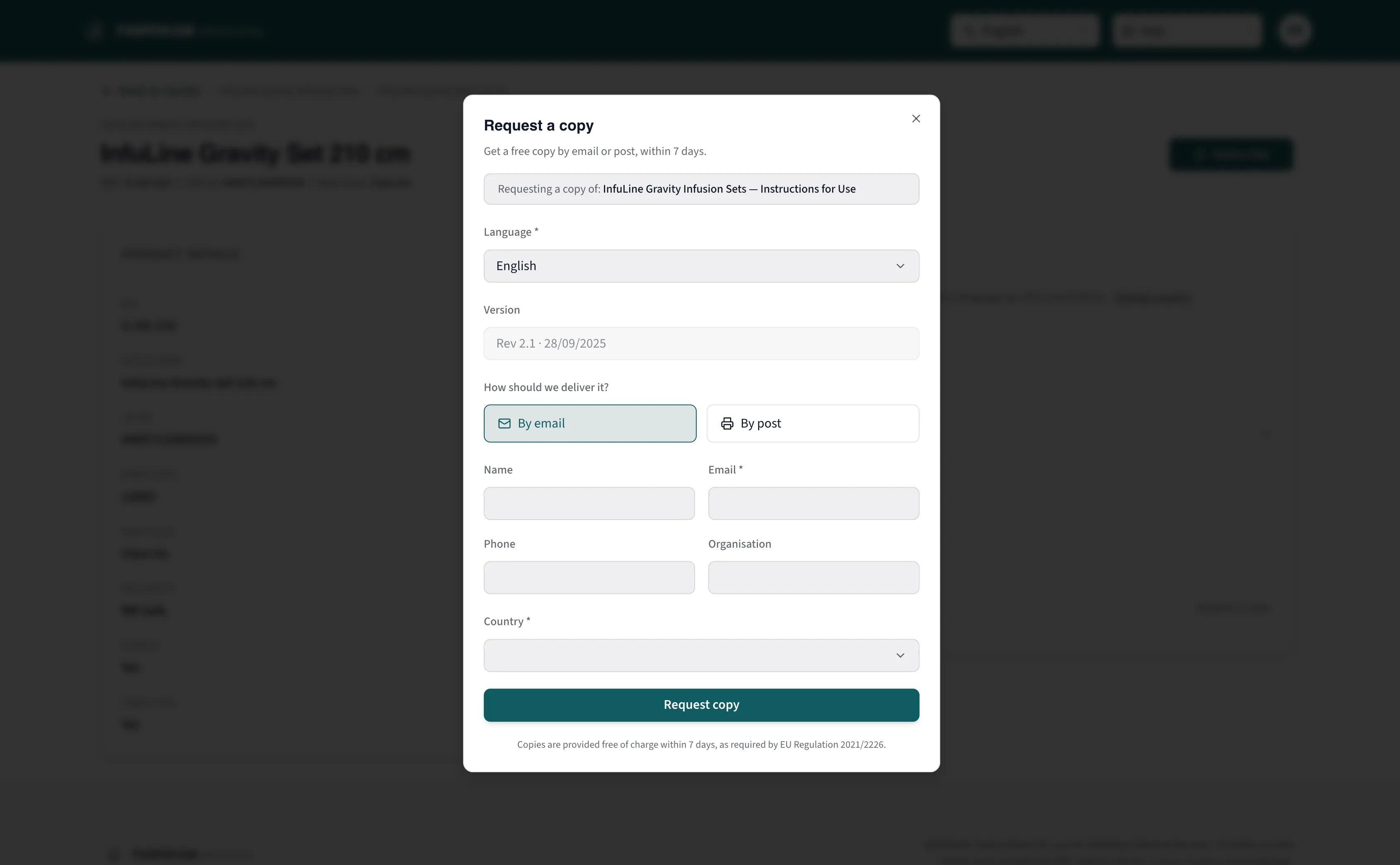 The paper-copy request form on a manufacturer's public portal, offering delivery by email or by post within seven days.